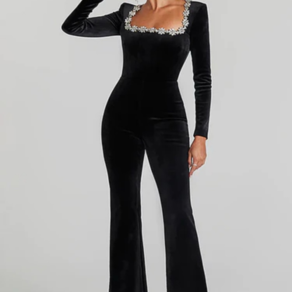 NADINE MERABI Kimberly Black Jumpsuit with jeweled Details